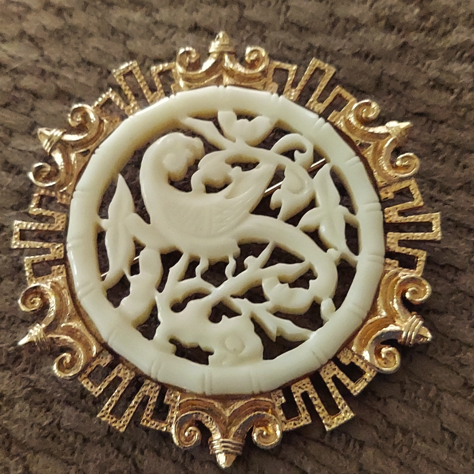 Vendome Asian Carved Bird Brooch